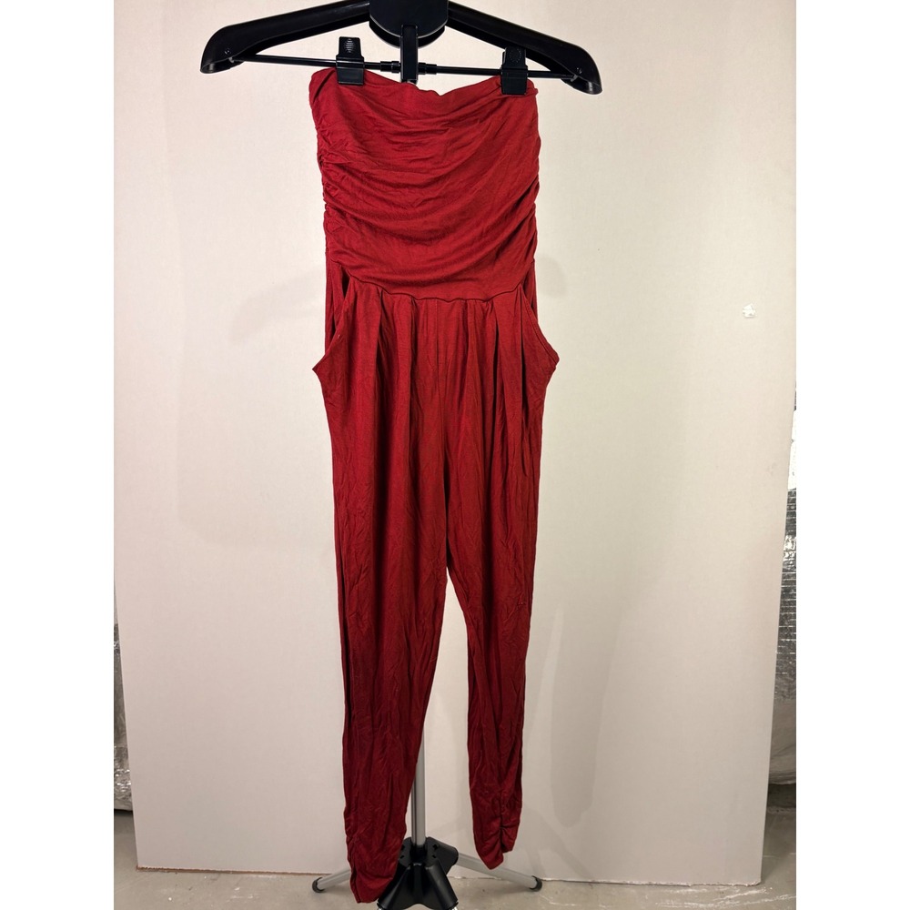 Red Strapless Ruched Bodice‎ Jumpsuit Pleated Harem Style Tapered Leg